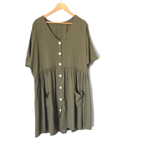 No Brand Olive Green Button Down Short Sleeve Dress- Size XL