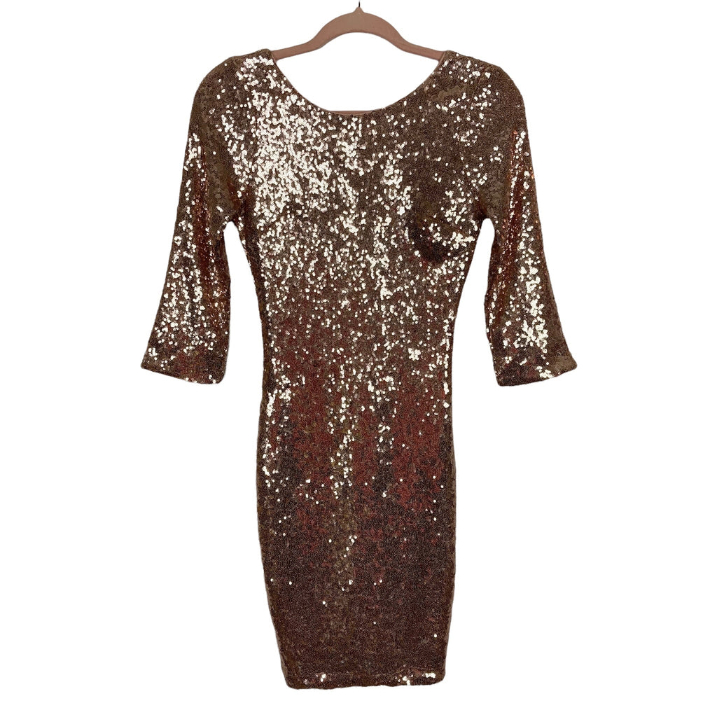 Just Me Rose Gold Sequin 3/4 Sleeve Mini Dress- Size S – The Saved  Collection