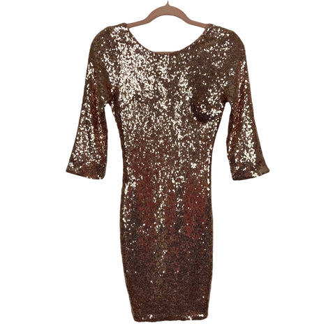 Just Me Rose Gold Sequin 3/4 Sleeve Mini Dress- Size S