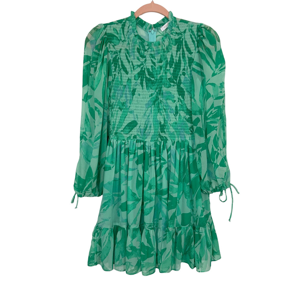 Olivaceous Green Floral Smocked Bodice Sheer Back Long Sleeve Dress- Size M