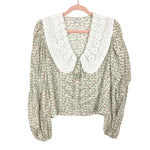 River Island Floral Oversized Lace Collar Front Tie Cinched at Elbow Long Sleeve Top- Size 10