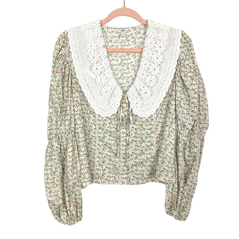 River Island Floral Oversized Lace Collar Front Tie Cinched at Elbow Long Sleeve Top- Size 10