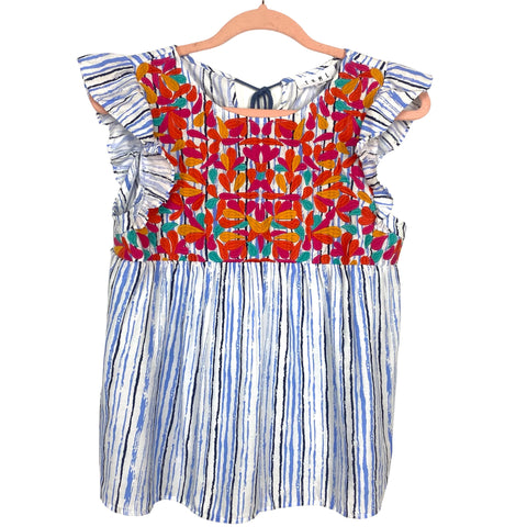THML Colorful Embroidered Blue and White Striped Top NWT- Size XS