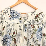 Maeve White Floral Long Sleeve Blouse with Crochet Lace Hem- Size S