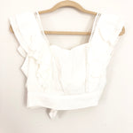 Vestique White Crochet and Ruffle Top with Back Zipper and Tie- Size S