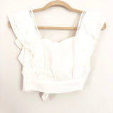 Vestique White Crochet and Ruffle Top with Back Zipper and Tie- Size S