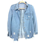 No Brand Distressed Light Denim Snap Button Shirt- Size M