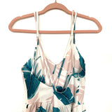 No Brand White Pink/Green Leaf Criss Cross Back Romper- Size S