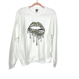 Gildan White Animal Print Lips Crew Neck Sweatshirt- Size M