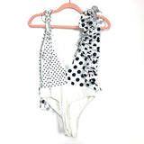 No Brand White and Black Polka Dot Ruffle and Tie Strap Thong Bodysuit- Size S