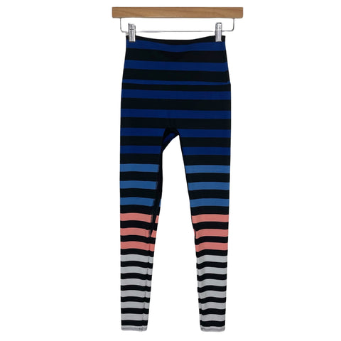 K-Deer Blue/Black/Coral/White Striped Leggings- Size S (Inseam 25”)