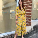Uncle Frank Mustard Floral Elastic Waist Side Slit Hem Jumpsuit NWT- Size XS