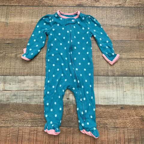 Cloud Island Teal/Coral Polka Dot Print Zip Up Footie with Mittens- Size 3-6M