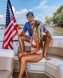 Tularosa Red/White/Blue Star Print Mesh Pom Pom Trim Bikini Top- Size S (sold out online, we have matching bottoms)