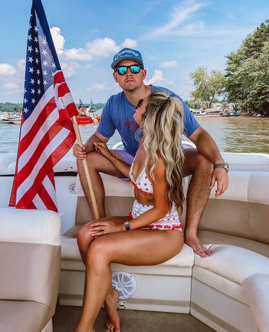 Tularosa Red/White/Blue Star Print Mesh Pom Pom Trim Bikini Top- Size S (sold out online, we have matching bottoms)
