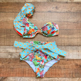 Mojito Turquoise Tropical/Polka Dot Print One Shoulder Ruffle Bikini Top NWT- Size L (we have matching bottoms)