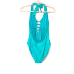 Swim Systems Turquoise Plunge Cut Out Halter Tie Neck Mesh Back One Piece- Size L