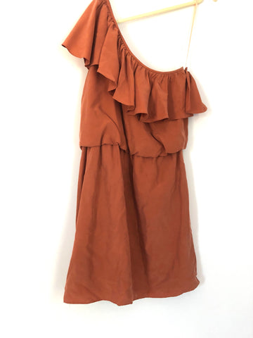 Tibi Burnt Orange One Shoulder Silk Ruffle Dress- Size 10