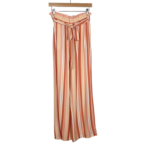Love by Design Coral/Peach/Golden Yellow Striped with Paperbag Waist and Tie Belt Wide Leg Pants- Size S
