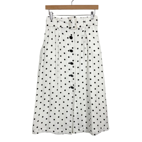 Topshop White with Black Polka Dots Linen Button Front Belted Skirt- Size 4 (see notes)