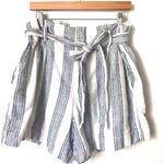 H&M White and Blue Embroidered Stitched Striped Paperbag Shorts- Size 14