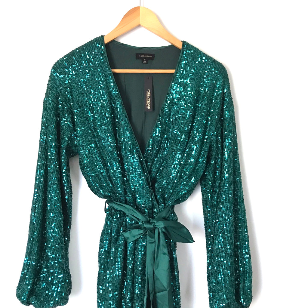 Miss Avenue Green Faux Wrap Sequins Satin Belted Dress NWT- Size S The Saved Collection Miss Avenue Green Faux Wrap Sequins Satin Belted Dress NWT- Size S The Saved Collection