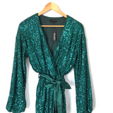 Miss Avenue Green Faux Wrap Sequins Satin Belted Dress NWT- Size S