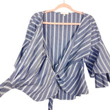 WAYF Slate/White Striped Beckett Tiered Bell Sleeve Wrap Top- Size L (sold out online, see notes)