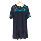LOFT Navy Drop Waist Dress with Teal Floral Embroidery Dress- Size S