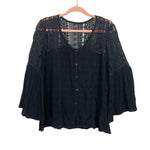 No Brand Black Button Up Crochet Bell Sleeve Top- Size S