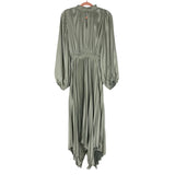 Petal + Pup Sage Faux Silk Pleated Mock Neck with Asymmetrical Hem and Front Cut Out Dress- Size 10 (see note, sold out online)