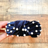 No Brand Navy Ribbed Velvet with Pearls Knot Headband