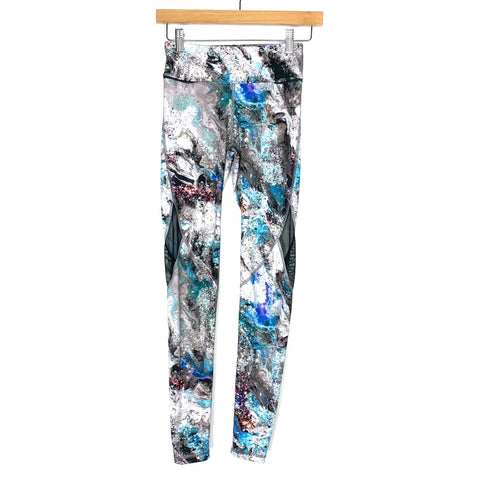 Alala Multicolor Marble Print Leggings With Mesh Detail & Zipper On Back Waistband - Size XS (Inseam 26")