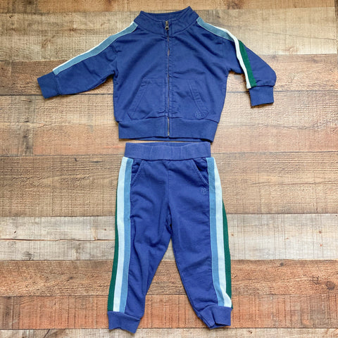 Maison Me Navy with Green Side Striped Zip Up Jacket Jogger Set- Size 2Y