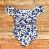 Lauren Ralph Lauren White and Blue Floral Belted Padded One Piece- Size XXL (see notes)
