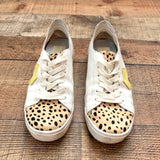 Dolce Vita White Laura Leopard Calf Hair Toe, Yellow Accents, Iridescent Heel Tab Sneakers- Size 7