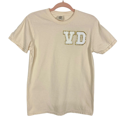 Comfort Colors Beige with Gold Glitter Varsity Letter Style VD Tee- Size S