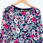 Lulus Pink and Navy Floral Bell Sleeve Dress- Size XS