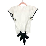 Vestique White with Black Trim Flutter Sleeves and Lower Back Cut Out and Tie Sweater- Size S