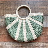 No Brand Cream/Sage Striped Straw with Drawstring Closure Handbag (Brand New Condition)