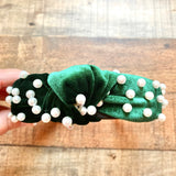 No Brand Green Velvet with Pearls Knot Headband