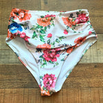 JJ Queen White Floral Side Ruched High Waist Bikini Bottom- Size S