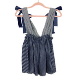 TCEC Navy/Ivory Striped with Velvet Bows at Shoulder Deep V Peplum Tank- Size S
