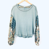 By Together Muted Green Waffle Knit Blouse with Sheer Sleeves- Size S