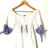 A. Calin White Corset Off the Shoulder Dress with Blue Bubble Sleeves- Size S