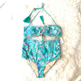 SPELL Teal Floral Print Two Piece, High-waisted with Bandeau Top NWT- Size S