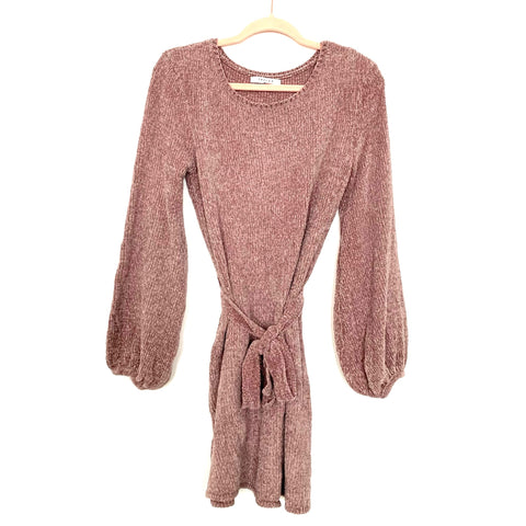 Favlux Light Pink Bubble Sleeve Chenille Belted Sweater Dress- Size S