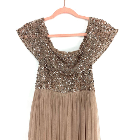 maya maternity sequin dress Maya Maternity Bridesmaid long sleeve maxi tulle dress with tonal delicate sequins in navy