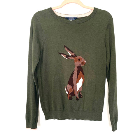 Joules Knitwear Olive Green Crew Neck Hare Sweater With Contrasting Cuffs- Size 6 (Sold Out Online)