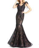 Mac Duggal Black High Neck Feather Embellished Cap Sleeve Mermaid Gown NWT- Size 4